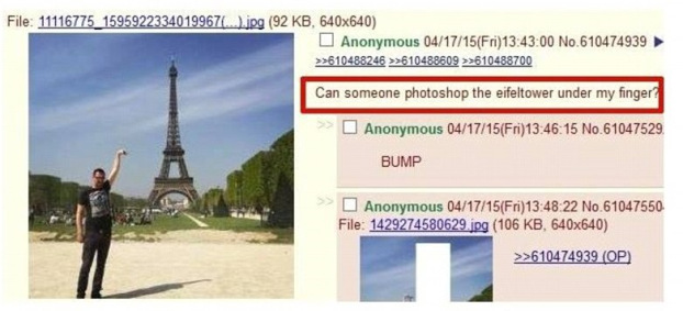 eiffel tower finger photoshop request Eiffel Tower Sid Frisjes Man asks Internet for Photoshop help on a vacation photo, gets hilariously trolled